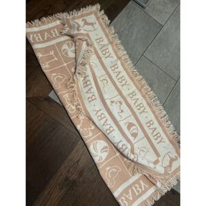 Vtg Woven Baby Blanket Peach Cream Nursery Throw Fringe Teddy Bear Rocking Horse
